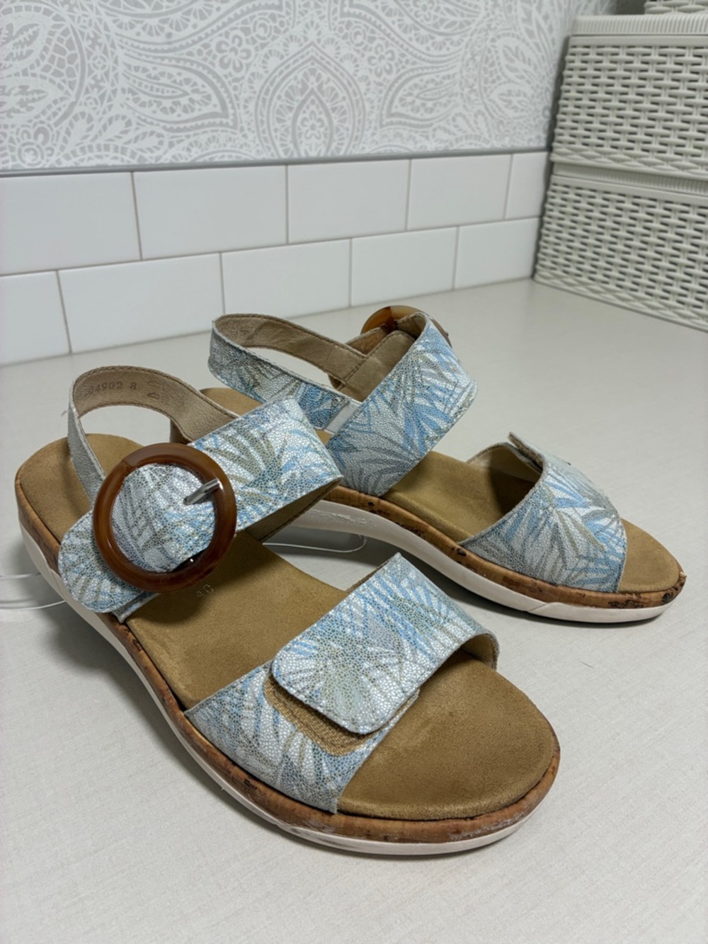 Rieker Remonte Soft - Light Blue Botanical Patterned Adjustable Buckle Sandals - Picture 3 of 12